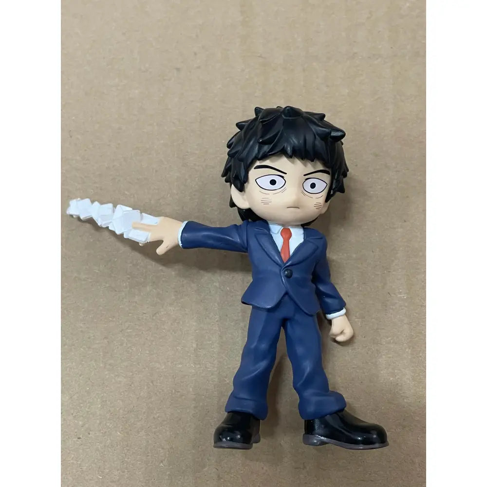 Blue-suited mob psycho 100 iii mob character q style pvc mini model figurine with black spiky hair and red tie holding white object