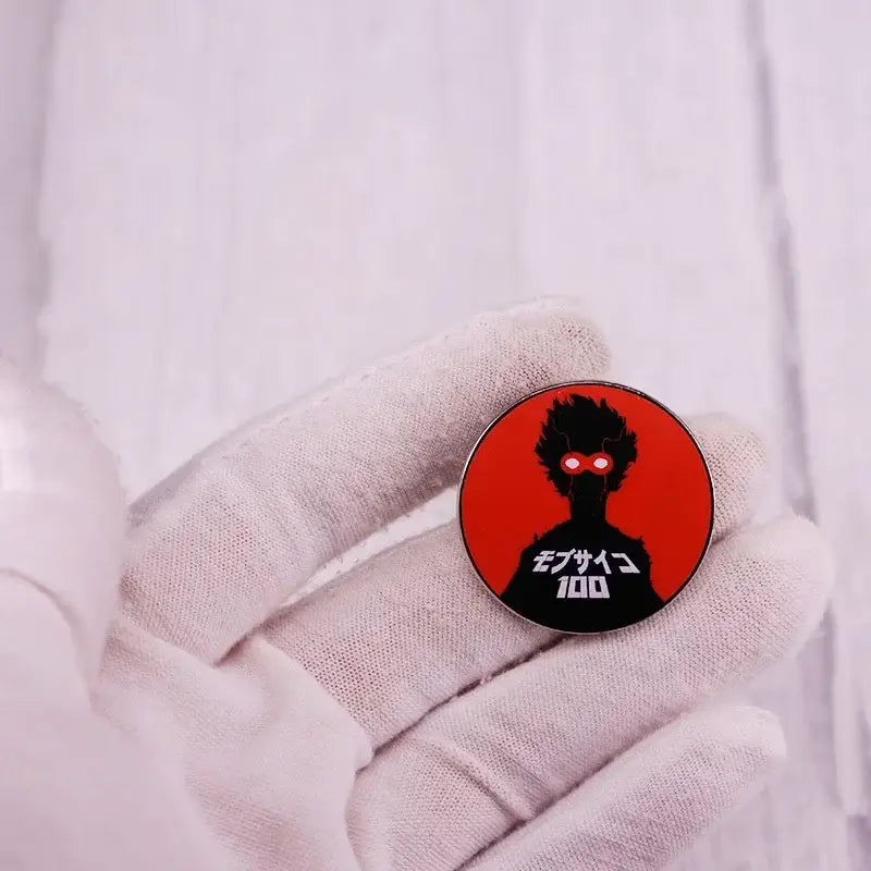 Mob psycho 100 kageyama shigeo enamel pin metal brooch with black silhouette and glowing red eyes on red background