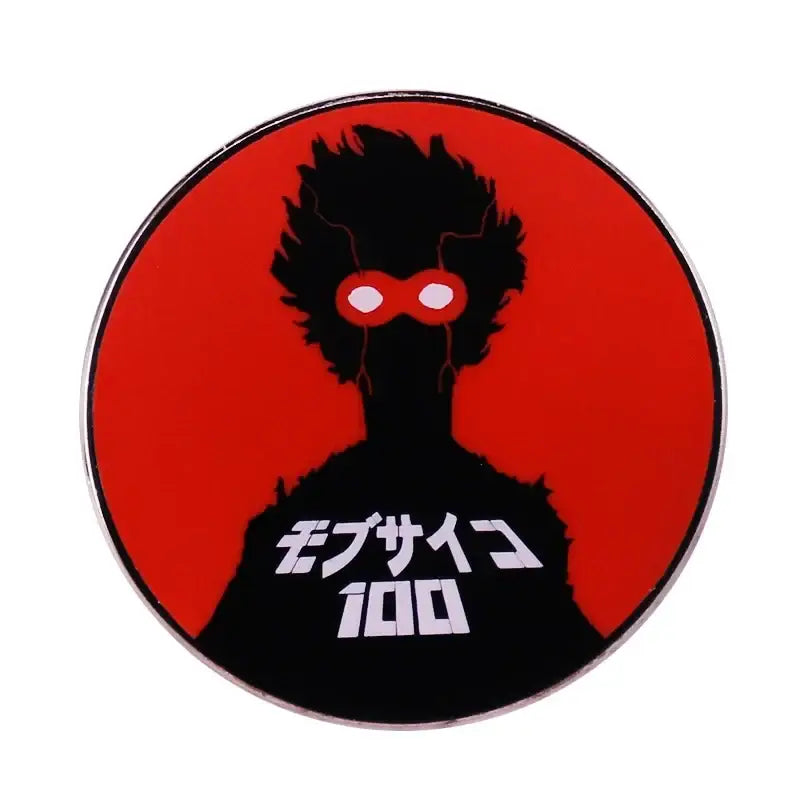 Red and black circular metal brooch featuring kageyama shigeo enamel pin with spiky hair silhouette and white text