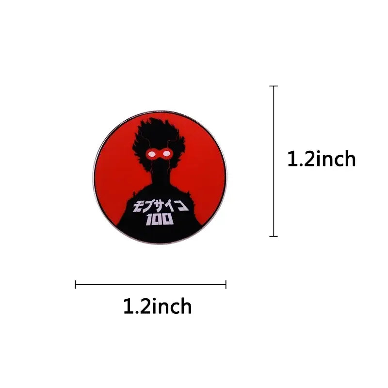 Red circular metal brooch featuring kageyama shigeo enamel pin with black silhouette and glowing red eyes design