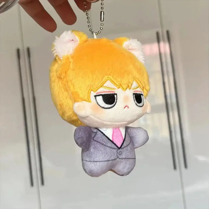 Mob psycho 100 kageyama shigeo plush keychain with bright orange hair white ears gray suit and pink tie bag pendant
