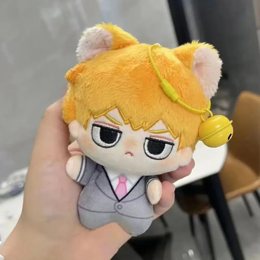 Mob psycho 100 kageyama shigeo plush keychain with orange fur cat ears and gray suit featuring pink tie bag pendant