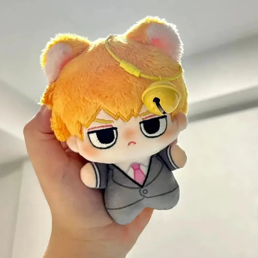 Mob psycho 100 kageyama shigeo plush keychain with orange fur cat ears yellow bell gray suit and pink tie bag pendant