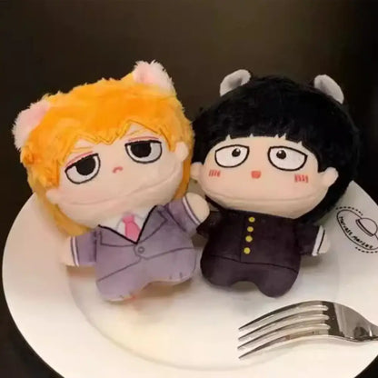 Mob psycho 100 kageyama shigeo plush keychain featuring two cat ear dolls in purple and dark suits for bag pendant