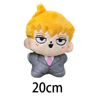 Mob psycho 100 kageyama shigeo plush keychain with bright yellow hair in a gray suit and pink tie bag pendant