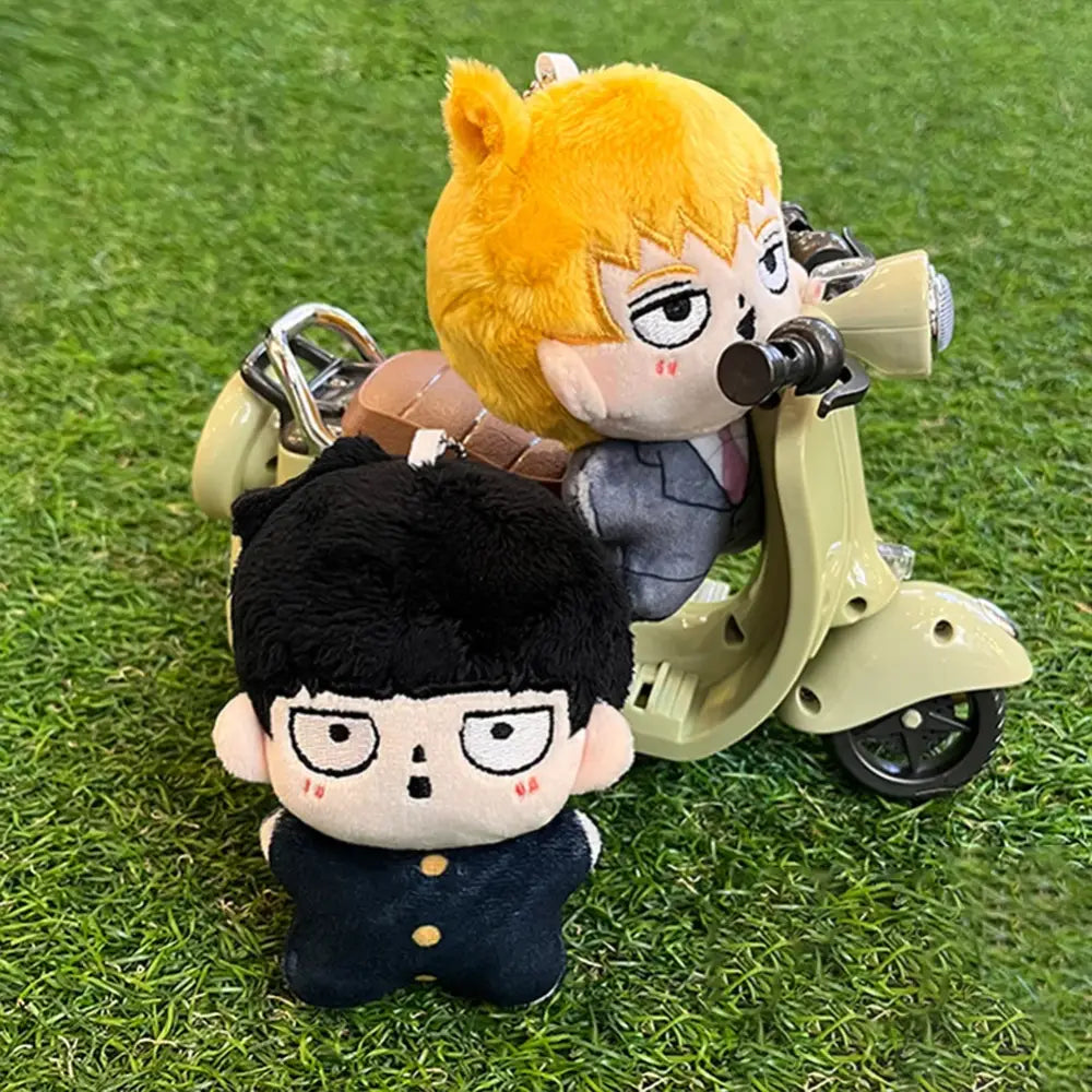 Yellow-haired kageyama shigeo plush keychain riding beige scooter with black hair plush bag pendant from mob psycho 100