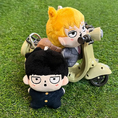 Yellow-haired kageyama shigeo plush keychain riding beige scooter with black hair plush bag pendant from mob psycho 100