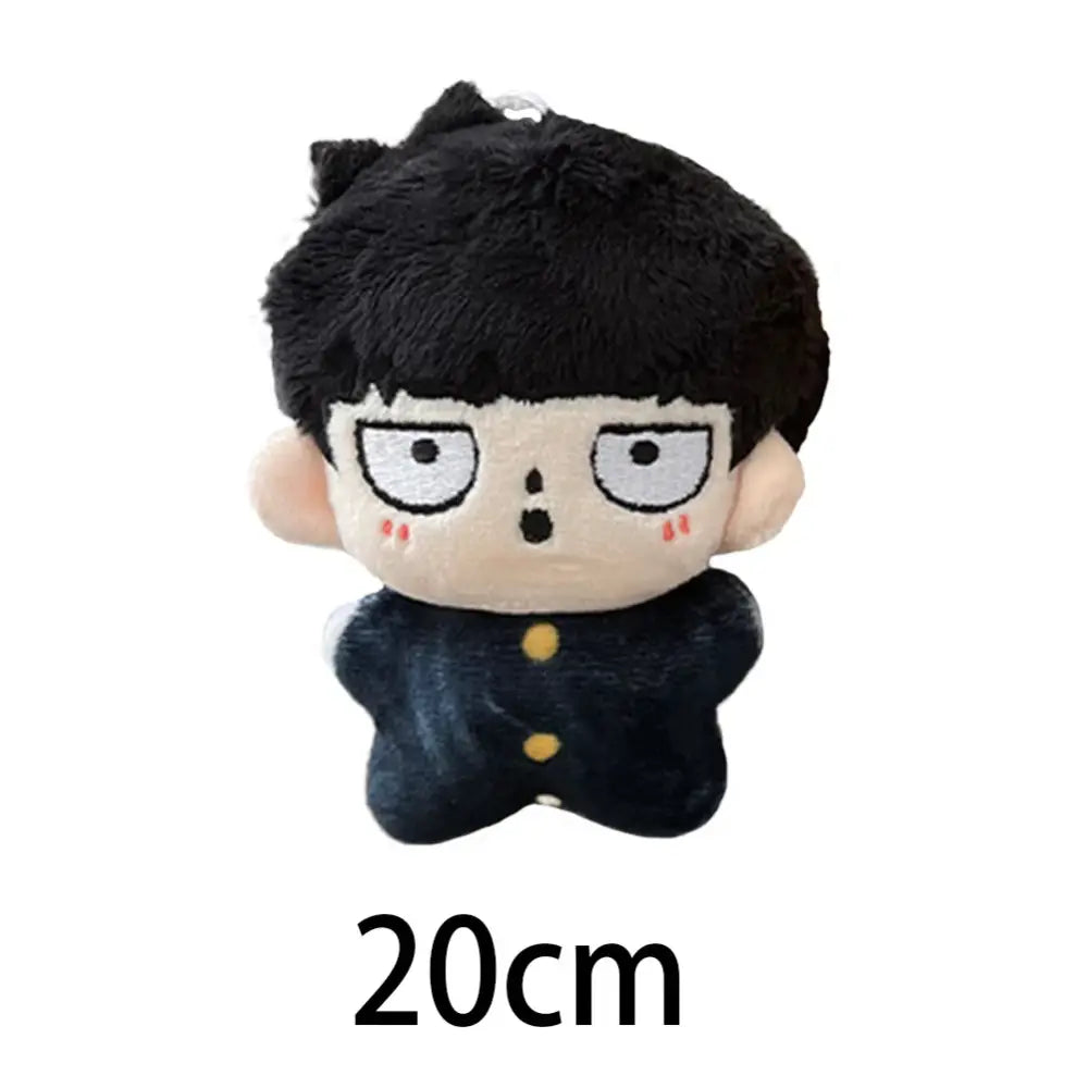 Black plush keychain featuring chibi kageyama shigeo with spiky hair white eyes and red blush marks bag pendant