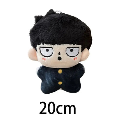 Black plush keychain featuring chibi kageyama shigeo with spiky hair white eyes and red blush marks bag pendant