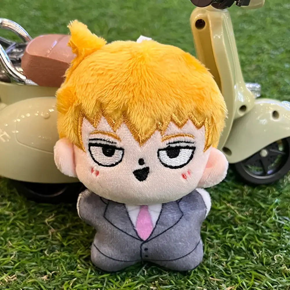 Mob psycho 100 kageyama shigeo plush keychain with bright yellow hair embroidered face gray suit and pink tie bag pendant
