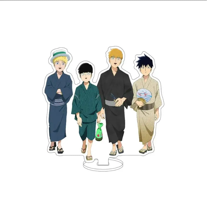 Clear acrylic mob psycho 100 kageyama shigeru acrylic standee featuring four characters in traditional yukata attire