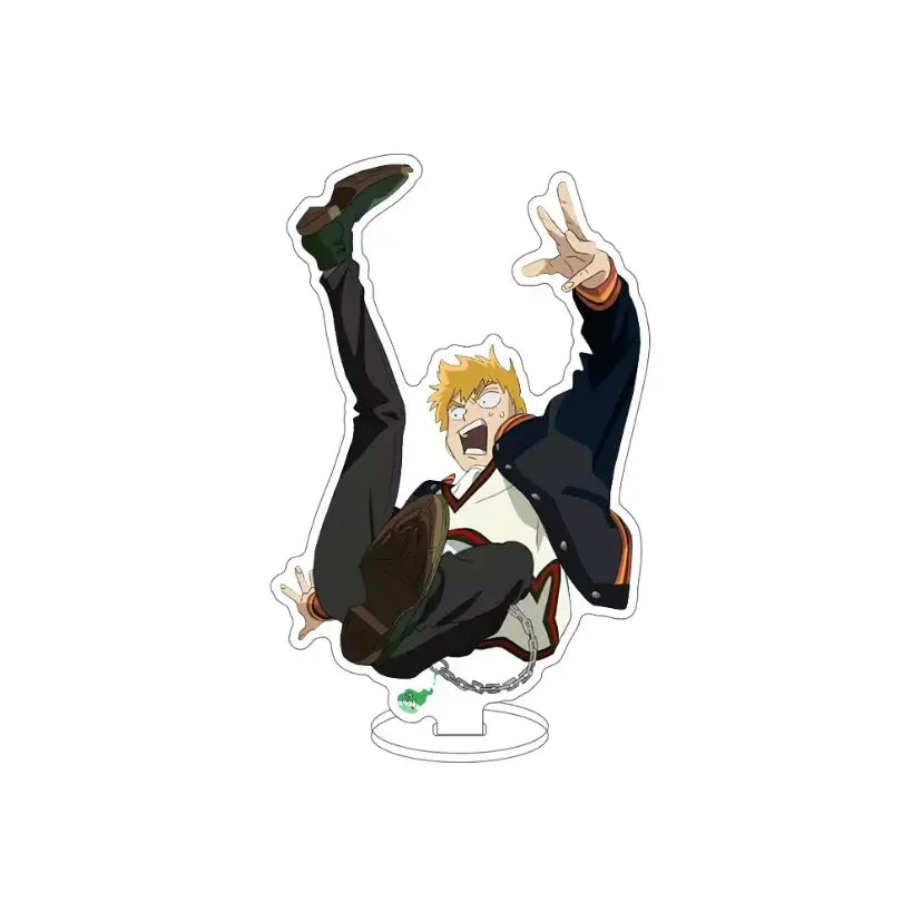 Clear acrylic mob psycho kageyama shigeru acrylic standee featuring spiky blonde hair character in dynamic pose
