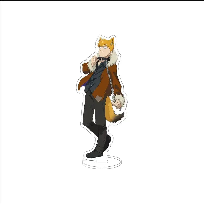 Clear acrylic standee of kageyama shigeru from mob psycho with orange fox ears and tail in brown fur-lined coat