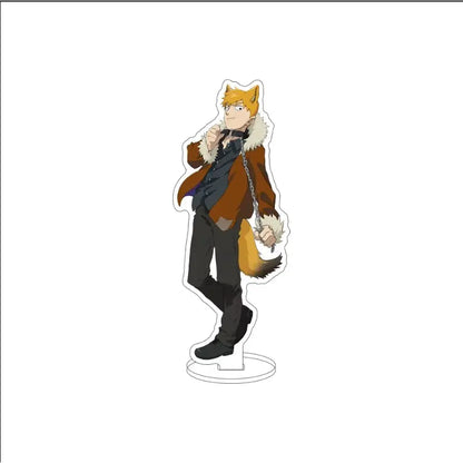 Clear acrylic standee of kageyama shigeru from mob psycho with orange fox ears and tail in brown fur-lined coat