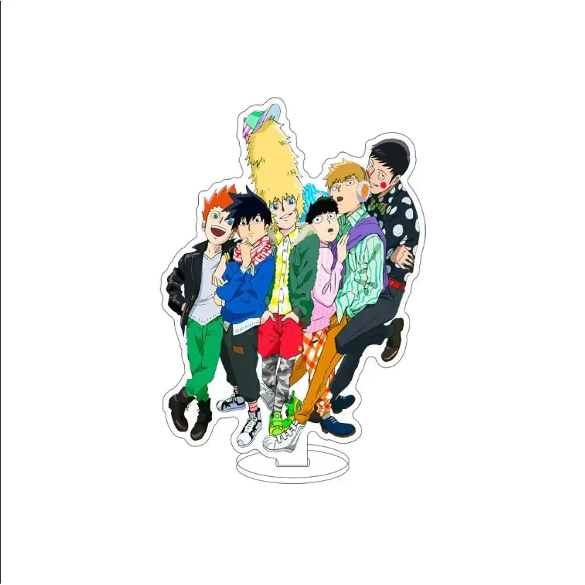 Clear acrylic mob psycho 100 kageyama shigeru acrylic standee featuring seven colorful anime characters in casual outfits