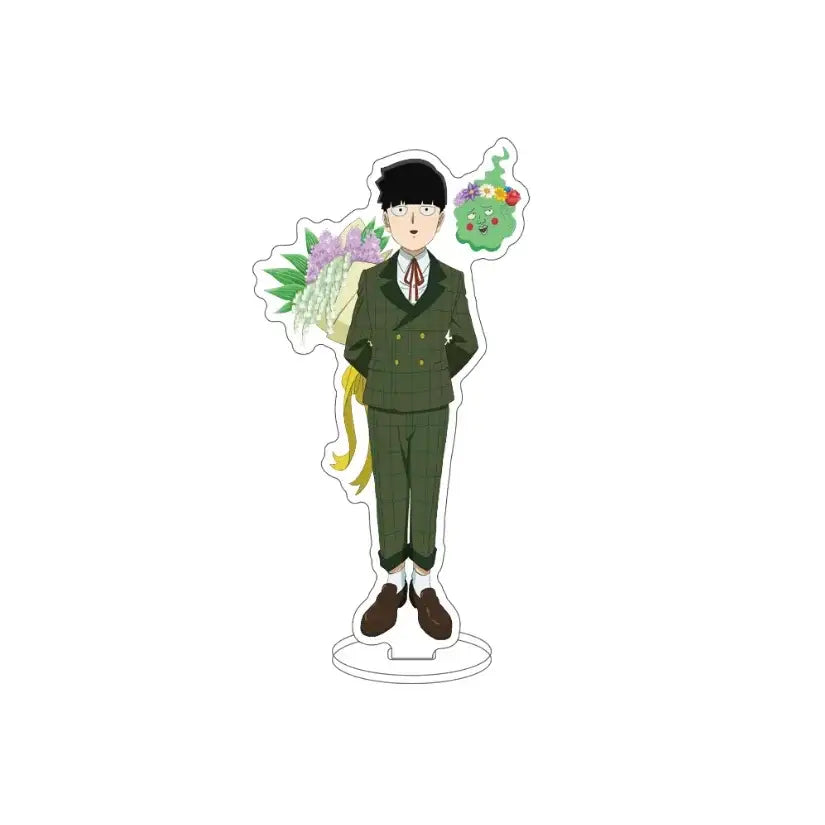 Mob psycho kageyama shigeru acrylic standee in green double-breasted suit with gold buttons holding flowers and small creature