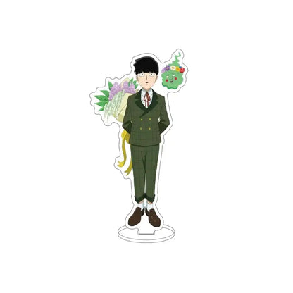 Mob psycho kageyama shigeru acrylic standee in green double-breasted suit with gold buttons holding flowers and small creature
