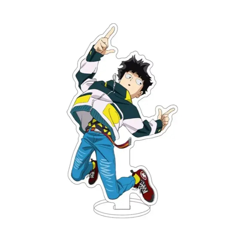 Clear acrylic mob psycho 100 kageyama shigeru acrylic standee featuring dynamic anime figure with green jacket and red sneakers