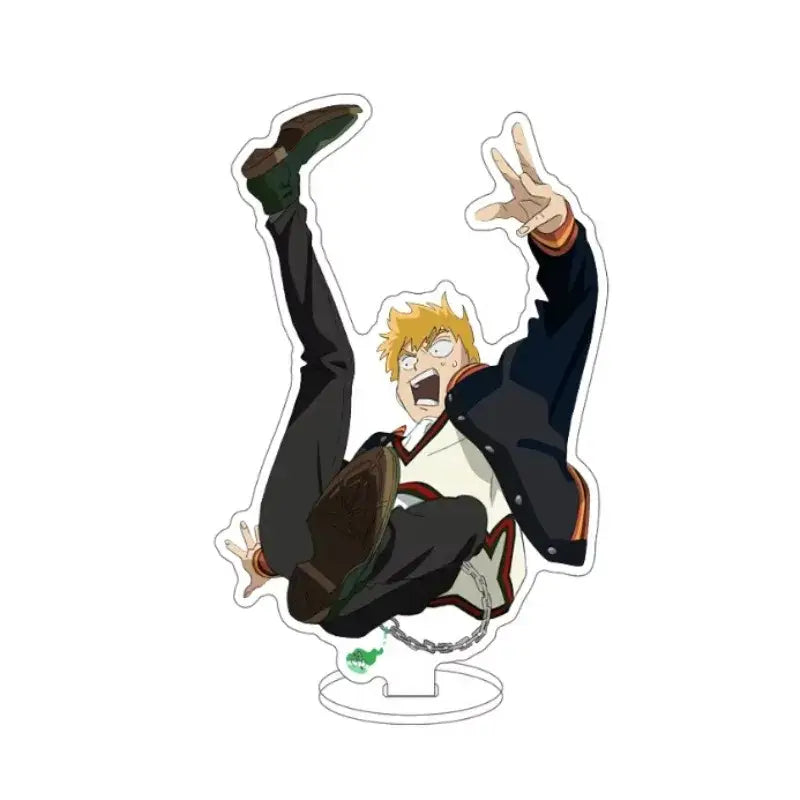A dynamic mob psycho kageyama shigeru acrylic standee featuring a spiky blonde anime character in mid-air pose