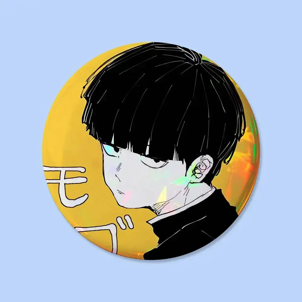 Mob psycho pin badge round 25mm featuring a glossy anime character with black hair on vibrant yellow background