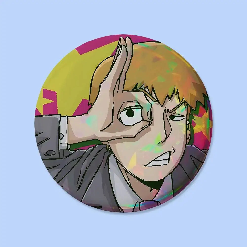 Mob psycho 100 pin badge featuring a round 25mm design with a blonde anime character in a gray suit on vibrant patterns
