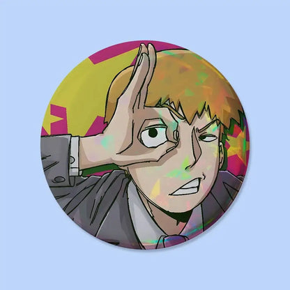 Mob psycho 100 pin badge featuring a round 25mm design with a blonde anime character in a gray suit on vibrant patterns