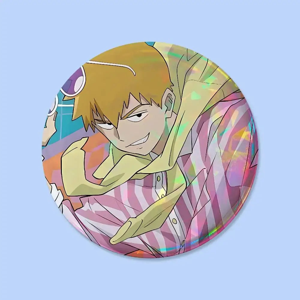 Mob psycho pin badge featuring a blonde anime character in a striped shirt with vibrant holographic colors round 25-75mm
