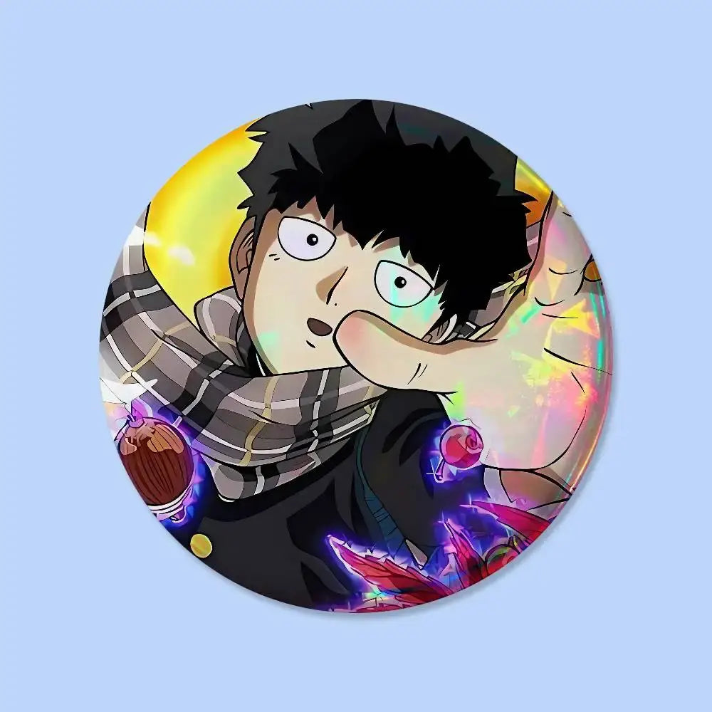 Circular mob psycho pin badge featuring an anime character with black spiky hair and vibrant holographic effects