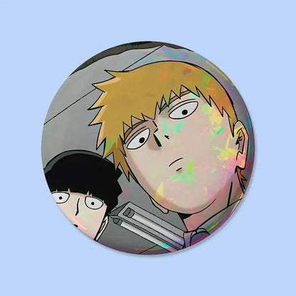 Circular holographic mob psycho pin badge featuring stylized anime characters with spiky blonde and black hair