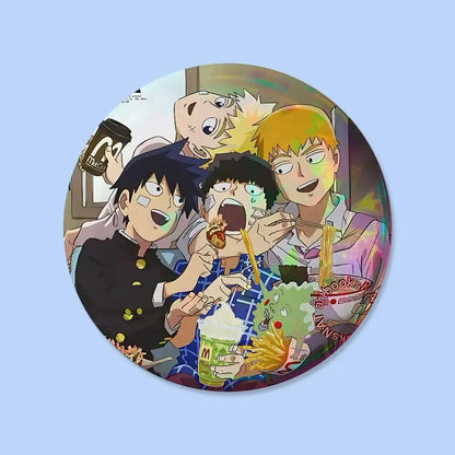 Mob psycho 100 pin badge round 25-75mm featuring vibrant jujutsu kaisen characters enjoying fast food in circular design