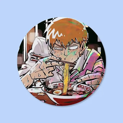 Mob psycho pin badge round 25-75mm featuring an anime character with spiky orange hair eating ramen