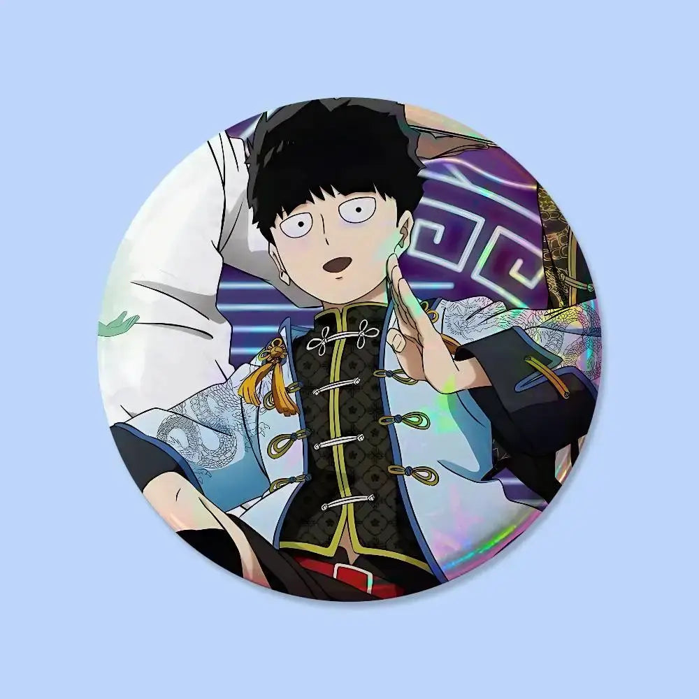 Mob psycho pin badge round 25-75mm featuring anime character in black and gold patterned vest with blue accents