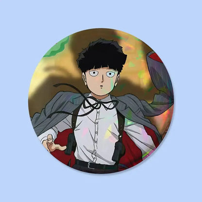 Mob psycho pin badge featuring an anime character with black hair in a white shirt and gray coat on a colorful background