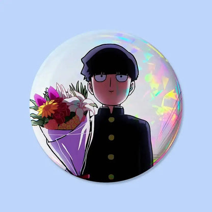 Circular holographic mob psycho pin badge featuring an anime character in black uniform holding colorful flower bouquet