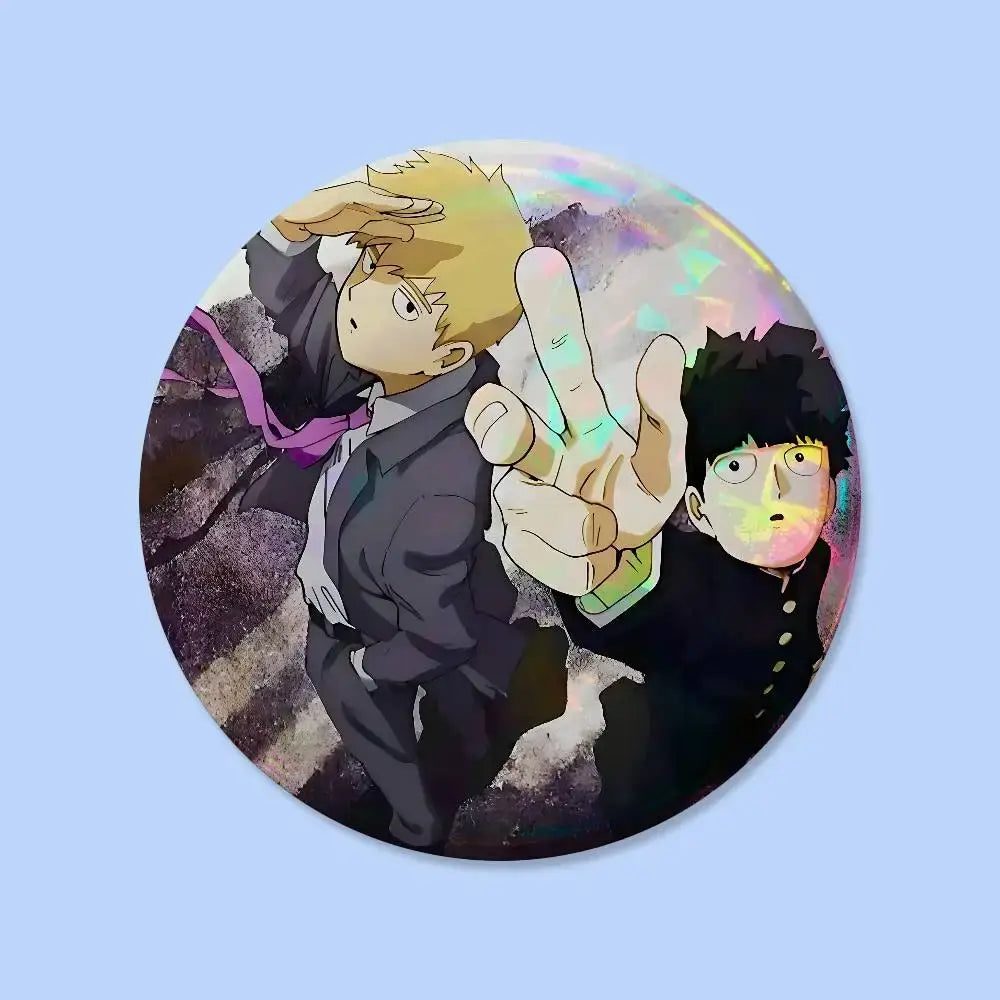 Circular holographic mob psycho 100 pin badge featuring two anime characters with blonde and black hair