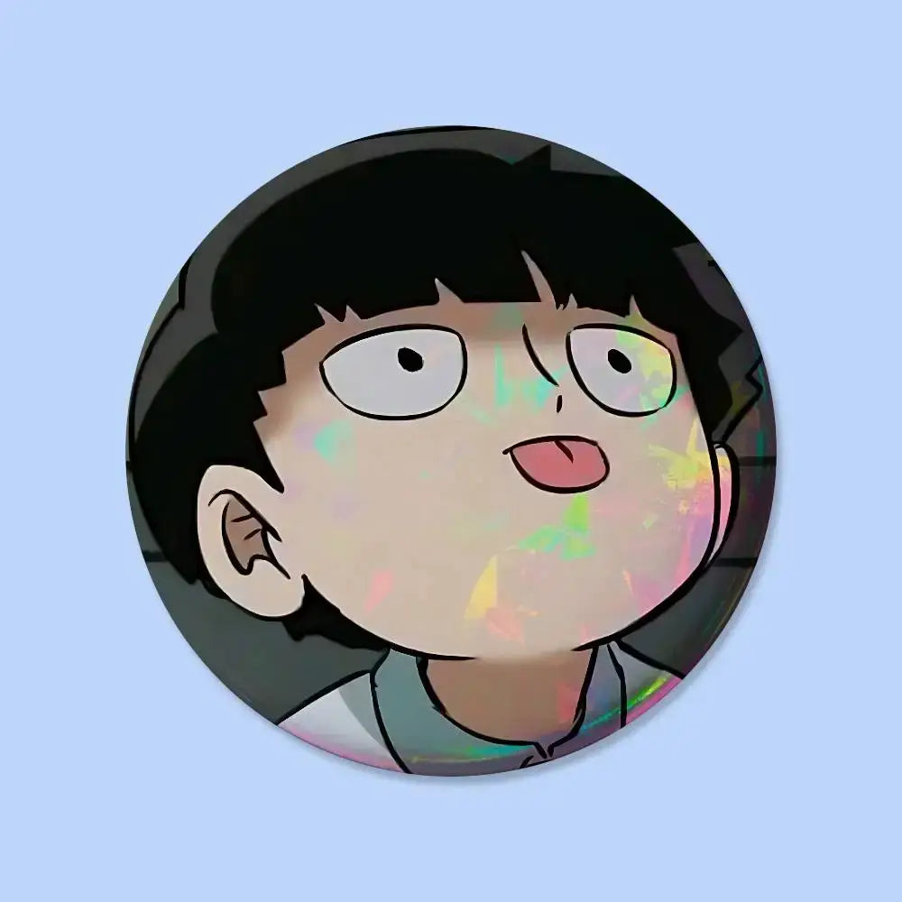 Mob psycho 100 black and white circular pin badge with iridescent holographic accents 25-75mm