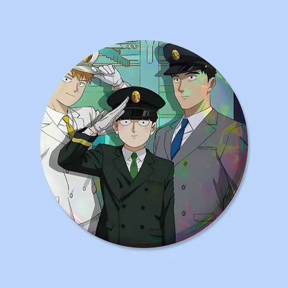 Mob psycho pin badge round 25-75mm featuring three anime characters in formal uniforms with distinct hats and ties