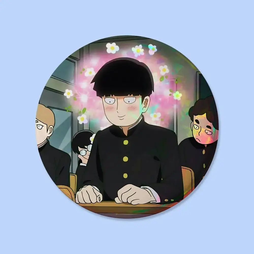 Circular mob psycho pin badge featuring anime character in black school uniform with yellow buttons and cherry blossoms