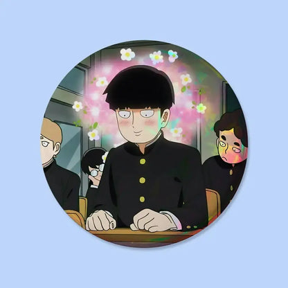 Circular mob psycho pin badge featuring anime character in black school uniform with yellow buttons and cherry blossoms