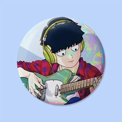 Mob psycho pin badge round 25-75mm featuring an anime character with black hair yellow headphones and green electric guitar