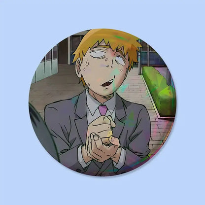 Mob psycho pin badge round 25-75mm featuring an anime character with spiky blonde hair in gray suit and purple tie surprised face