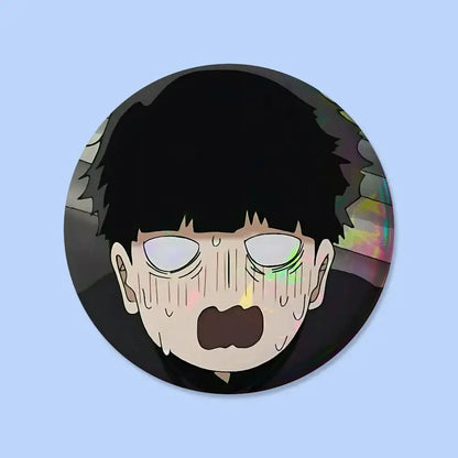 Mob psycho pin badge featuring an anime character with black spiky hair and iridescent rainbow reflections on a dark background
