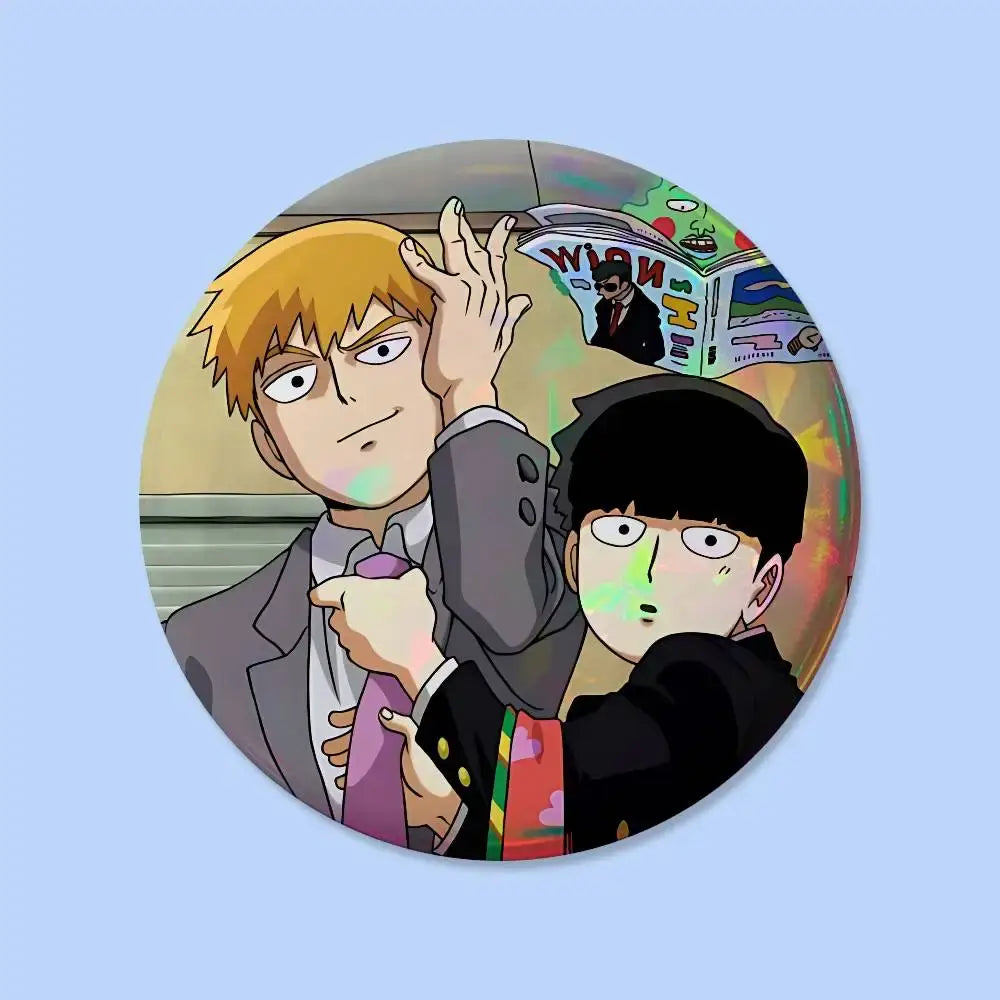 Mob psycho round pin badge featuring two characters with blonde hair and black hair on a colorful background