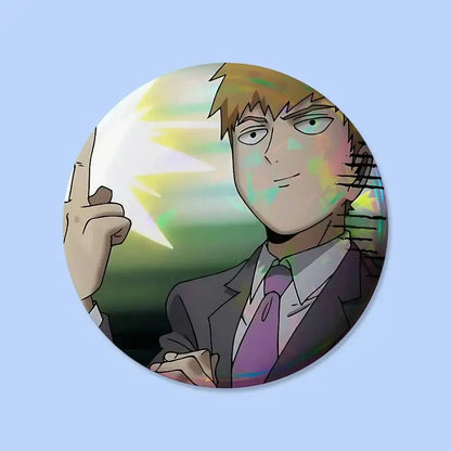 Mob psycho pin badge round 25mm featuring anime character with spiky blonde hair in dark suit and purple tie on iridescent background