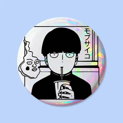 Mob psycho pin badge featuring a holographic finish and black and white anime character sipping from a cup with Japanese text