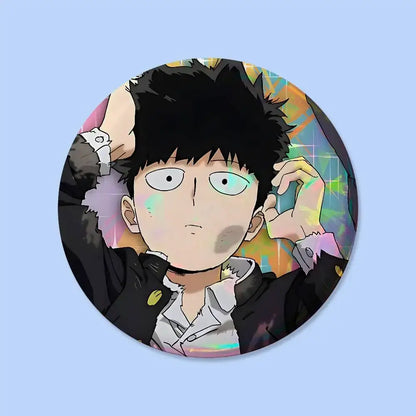 Circular mob psycho pin badge featuring an anime character with spiky black hair and a holographic background