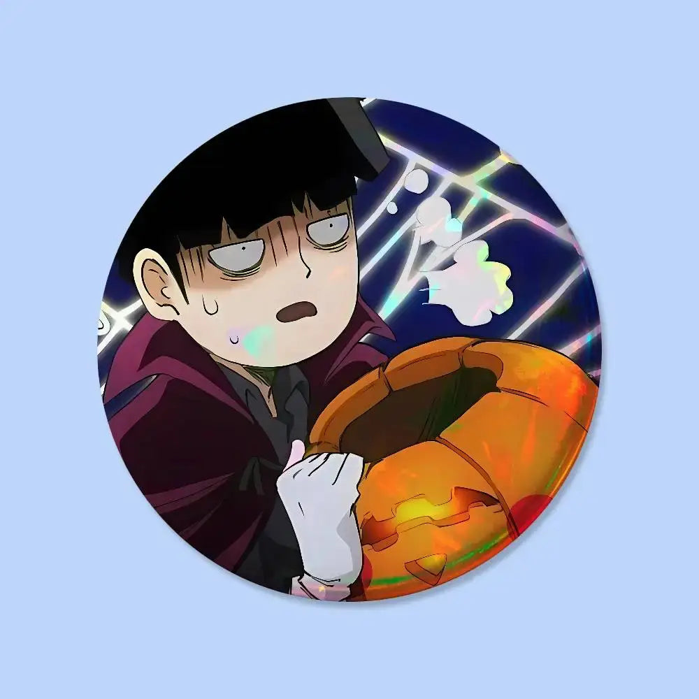 Circular mob psycho 100 pin badge featuring anime character with black hair and maroon coat holding glowing pumpkin