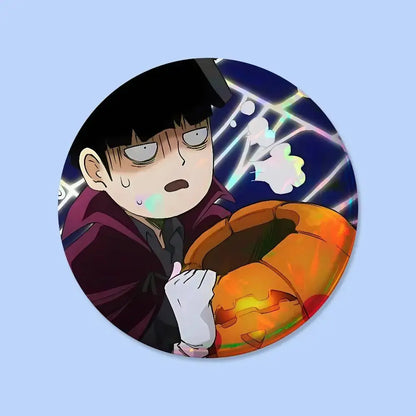 Circular mob psycho 100 pin badge featuring anime character with black hair and maroon coat holding glowing pumpkin