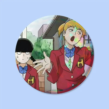 Mob psycho pin badge round 25-75mm featuring two anime characters in red school uniforms with blue bow ties and gold h badges