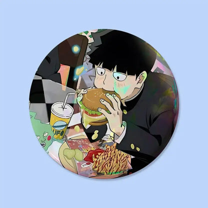 Mob psycho round pin badge featuring an anime character with black hair in a dark suit eating a hamburger